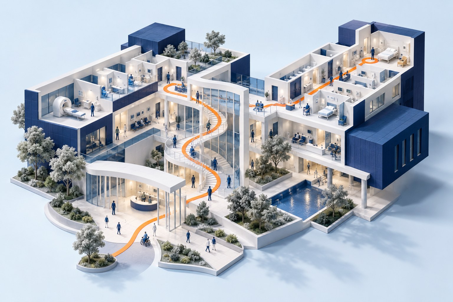 Healthcare campus connected by an orange thread, linking learning, design and the experience of care