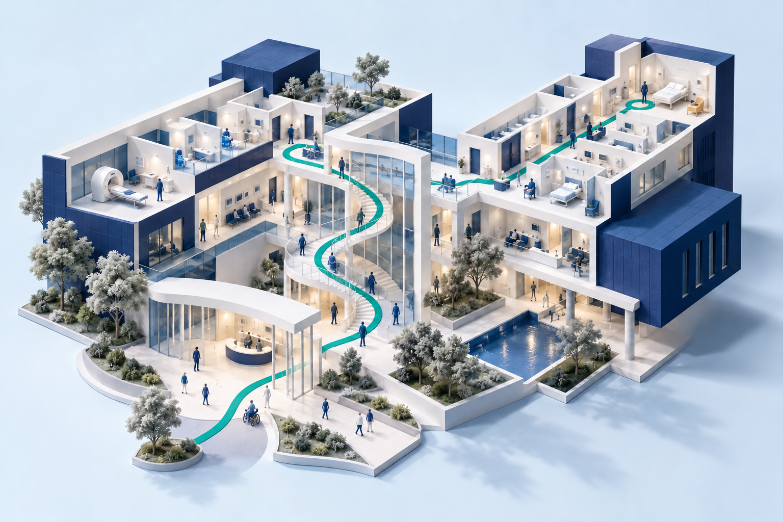 Healthcare campus connected by a teal thread, linking people, spaces and project decisions